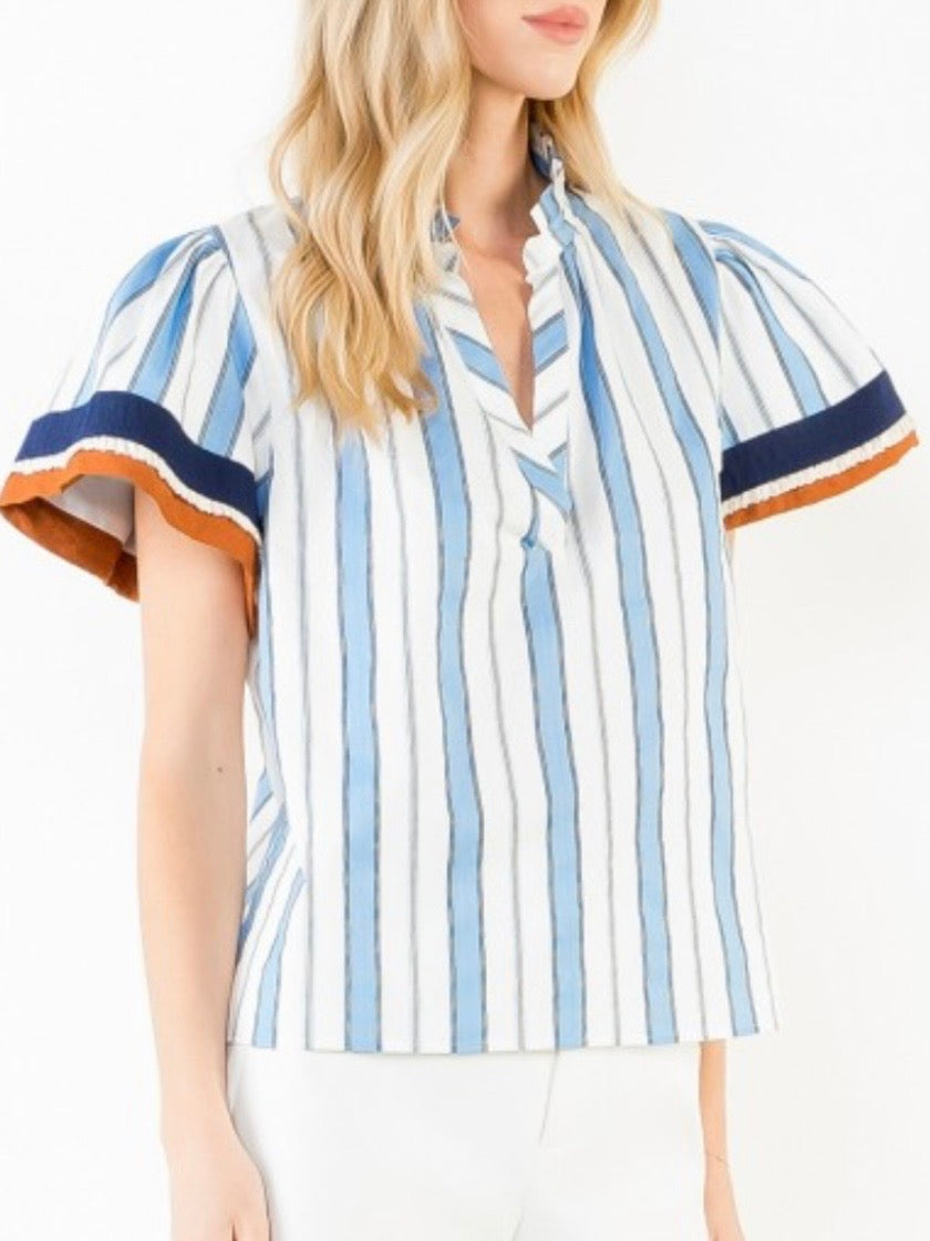 White and light blue striped bomber short sleeves shirt