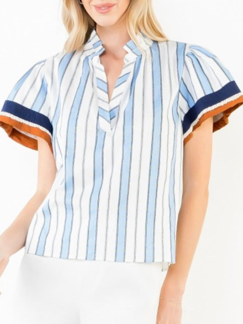 White and light blue striped bomber short sleeves shirt