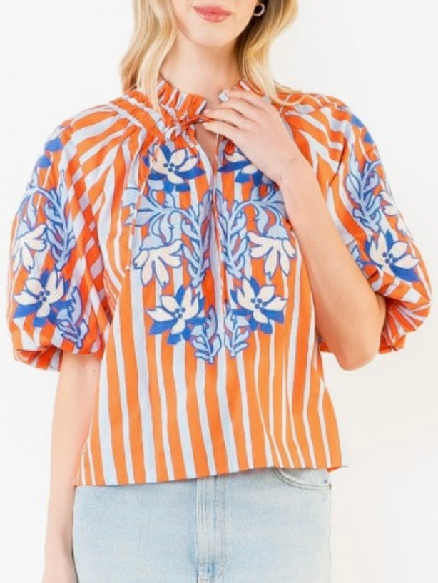 Orange and white striped embroidered floral bomber short sleeves shirt