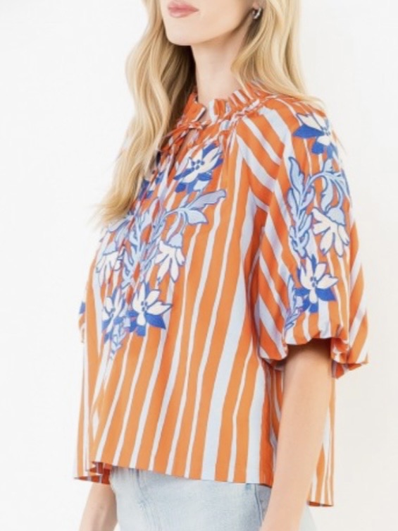 Orange and white striped embroidered floral bomber short sleeves shirt