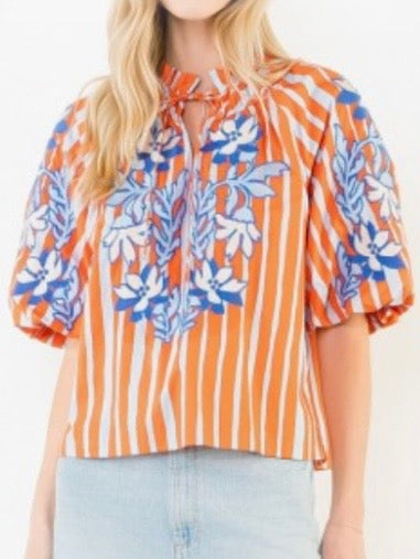 Orange and white striped embroidered floral bomber short sleeves shirt