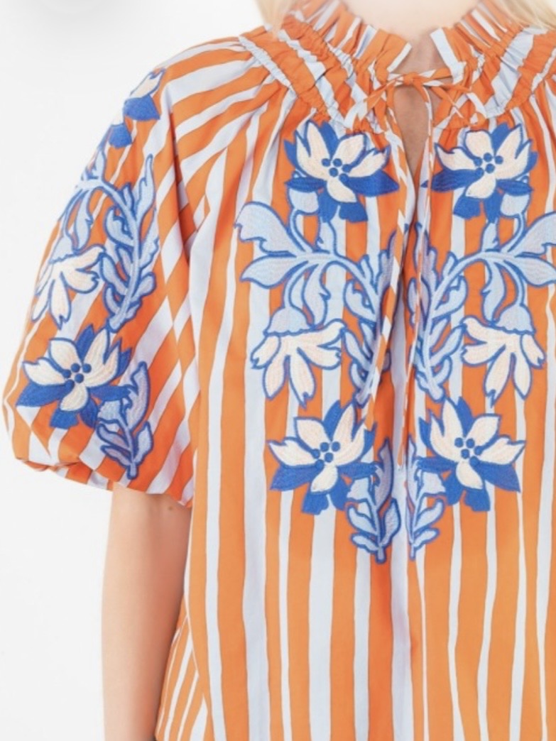 Orange and white striped embroidered floral bomber short sleeves shirt