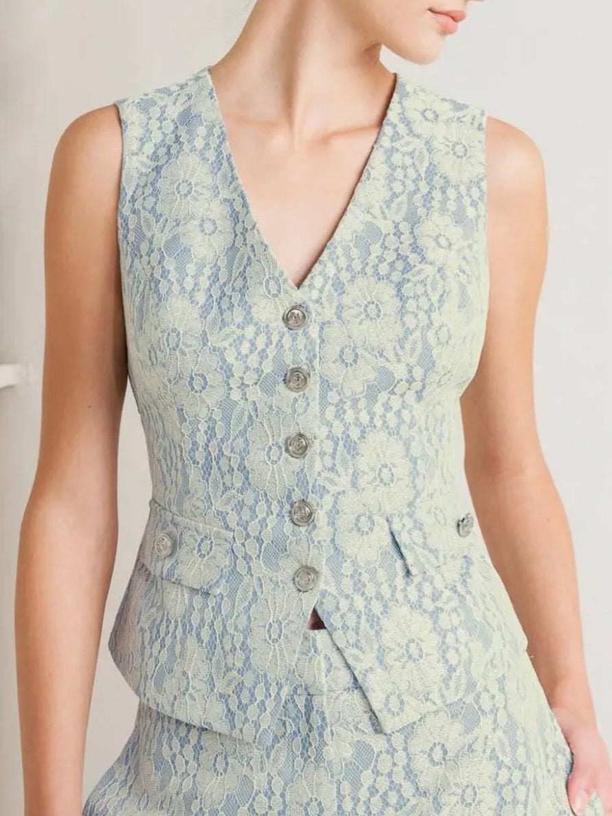 Light blue floral Detail set vest and pants