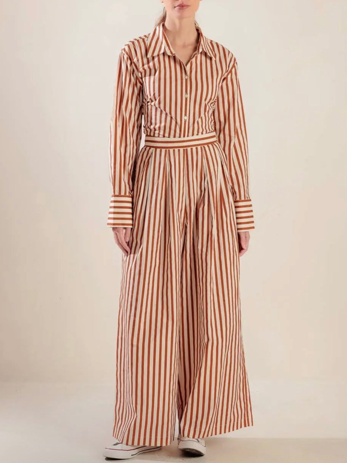 Orange and beige striped wide set shirt and pants
