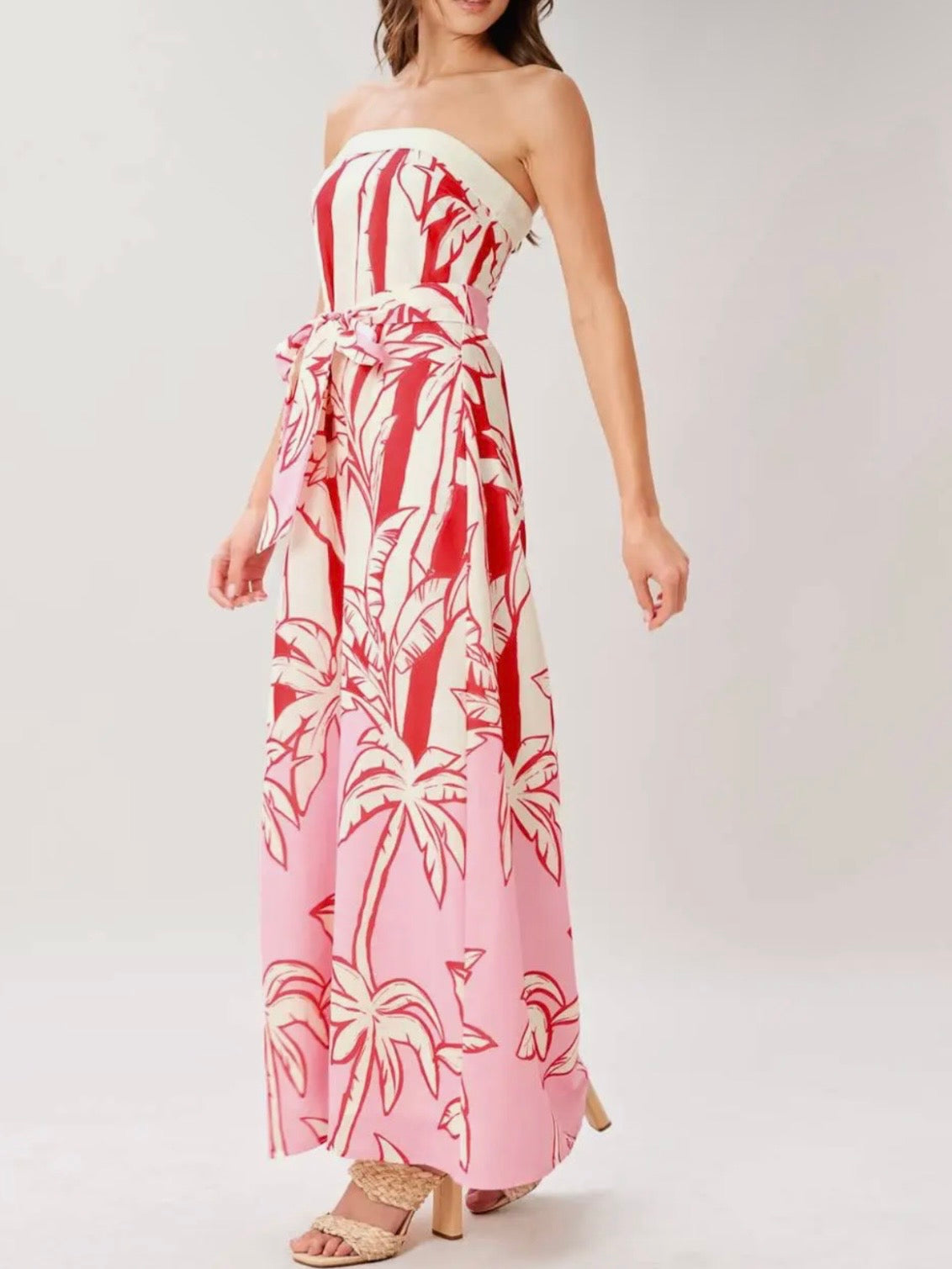 White and red floral palm print strapless maxi dress