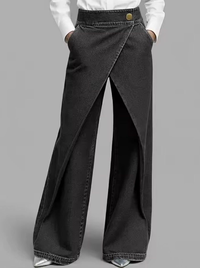Blue - black long crossed side leg waist pants