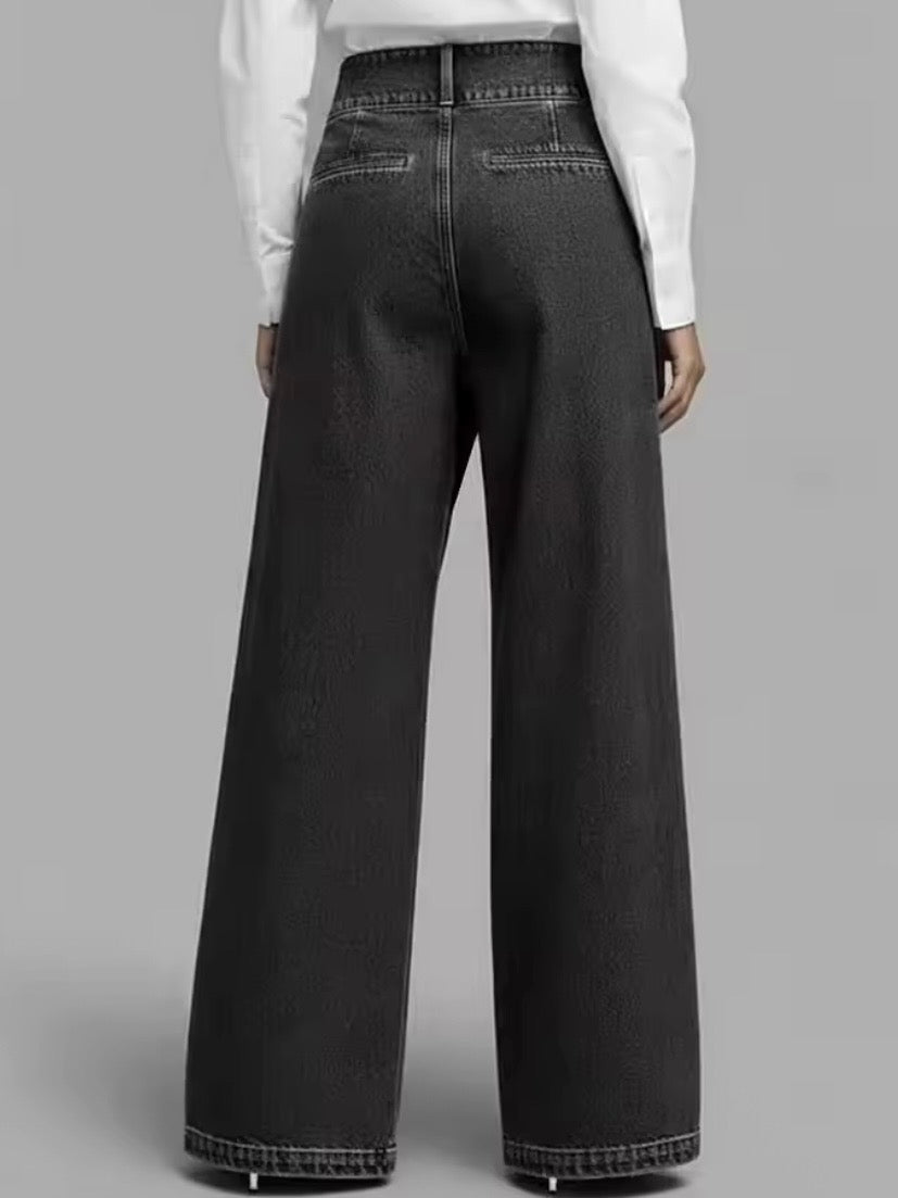 Blue - black long crossed side leg waist pants