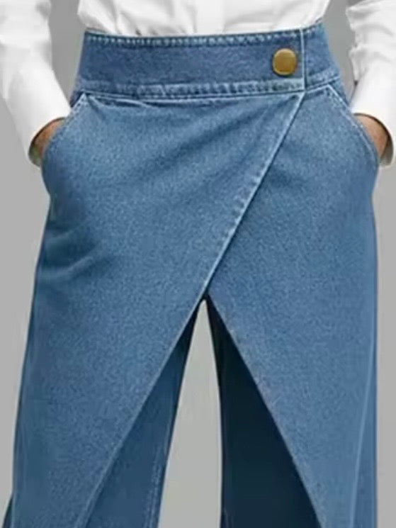 Blue - black long crossed side leg waist pants