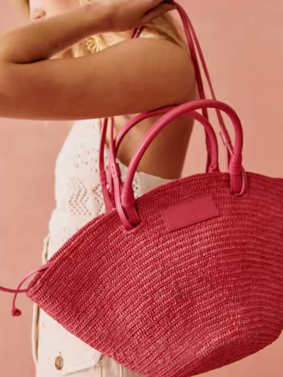 Fuchsia natural straw basket bag