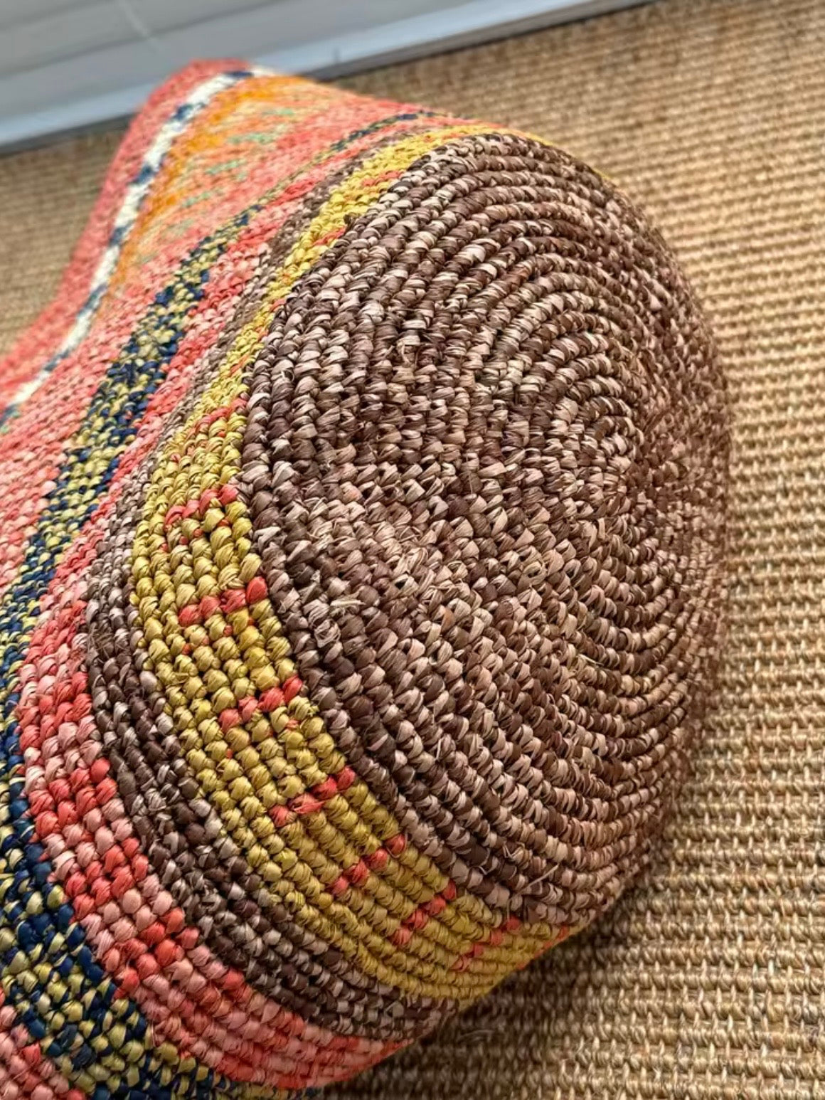 Multicolored striped natural straw basket bag