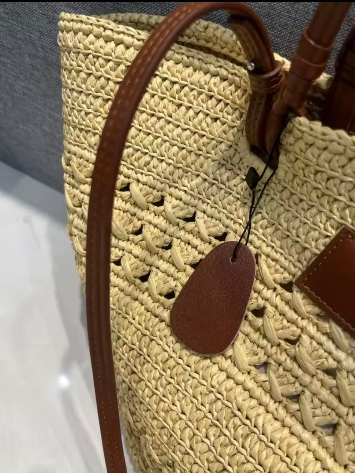 Beige natural straw basket bag