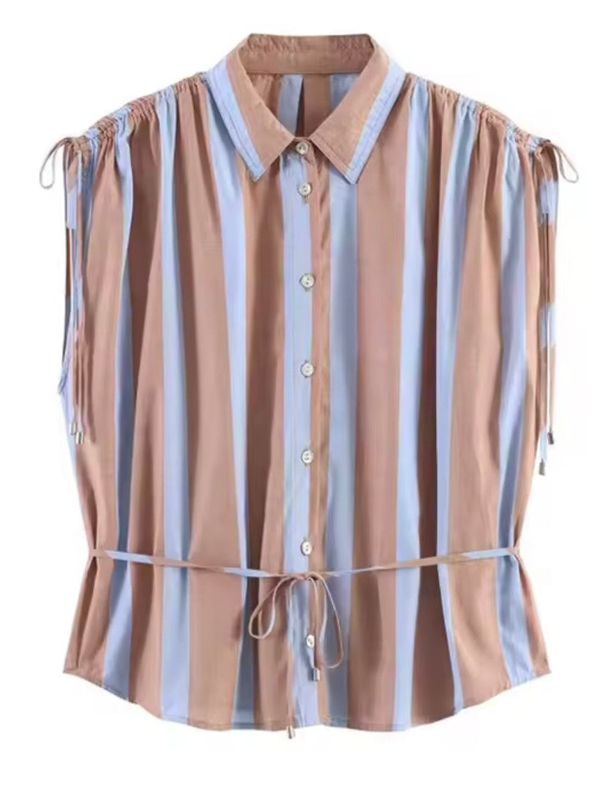 Light brown and light blue striped buttons down sleeveless shirt top
