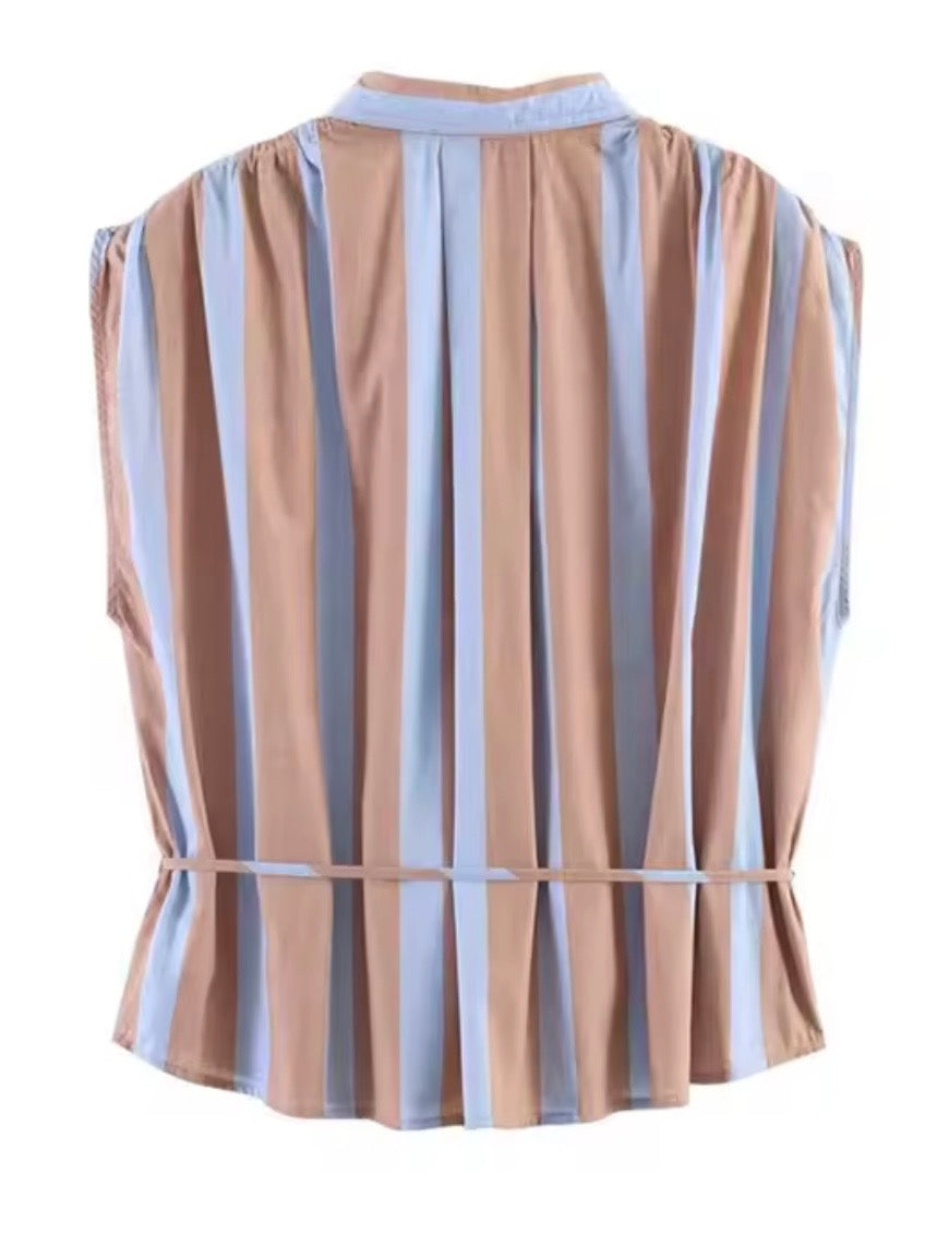 Light brown and light blue striped buttons down sleeveless shirt top