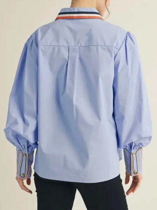 Solid light blue striped v-neck and bomber long sleeves shirt
