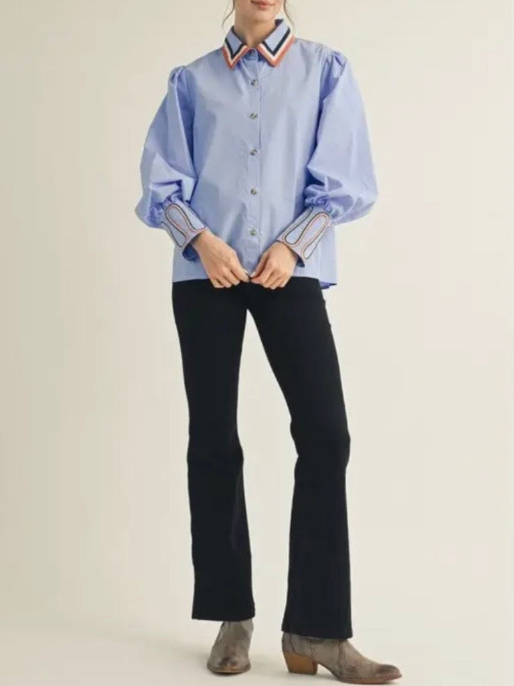 Solid light blue striped v-neck and bomber long sleeves shirt