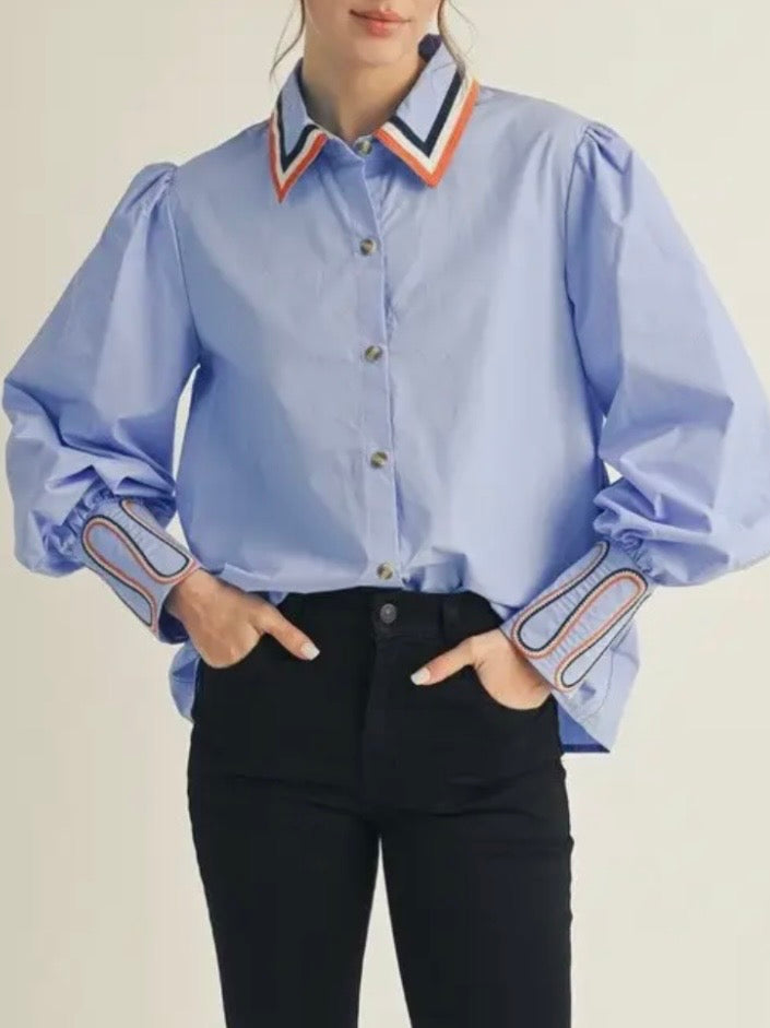 Solid light blue striped v-neck and bomber long sleeves shirt