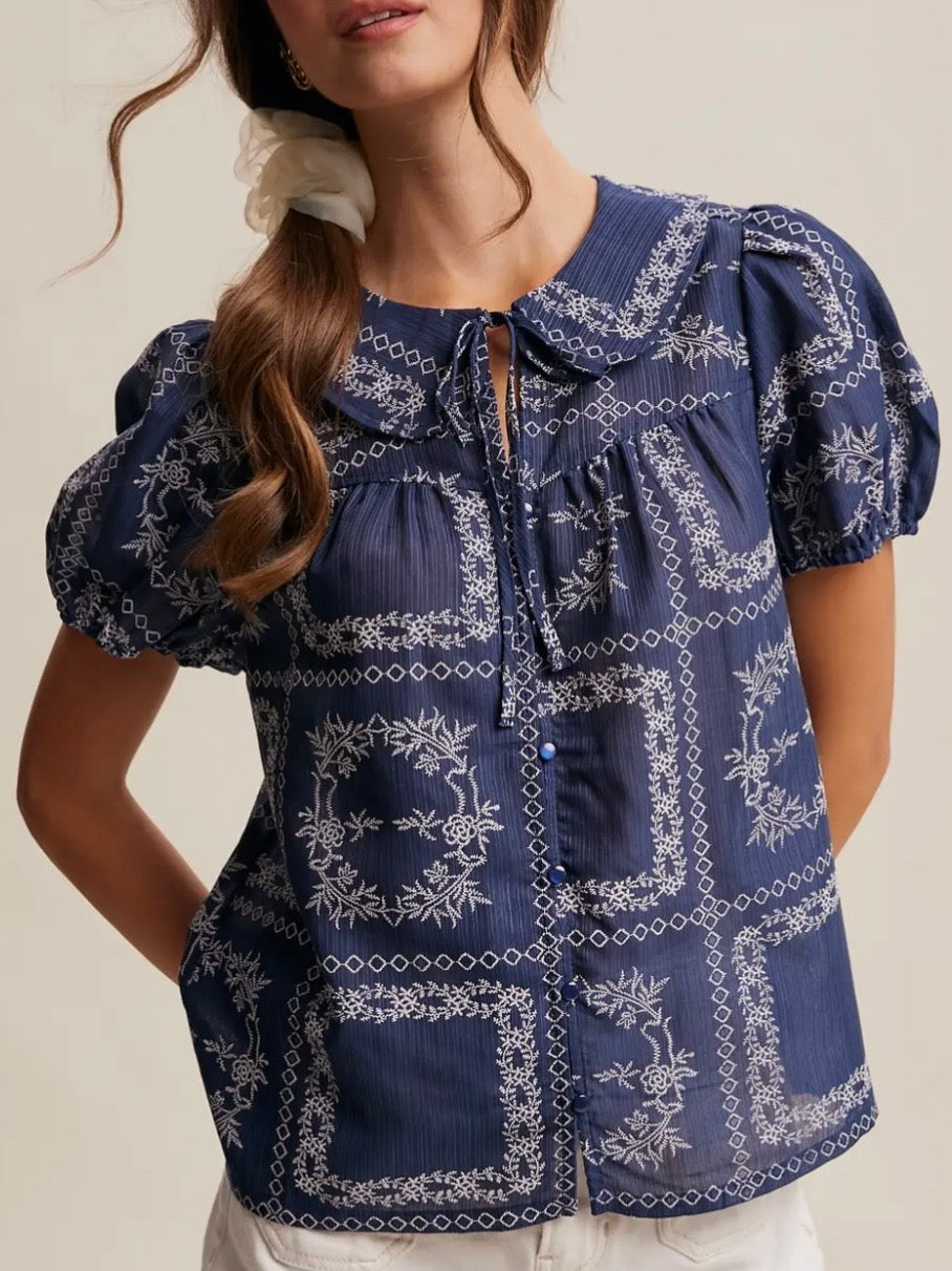 Blue and white striped embroidered floral bomber short sleeves shirt