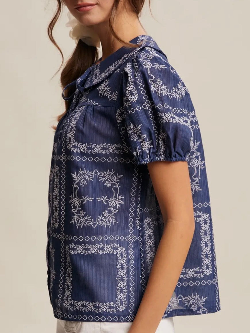 Blue and white striped embroidered floral bomber short sleeves shirt