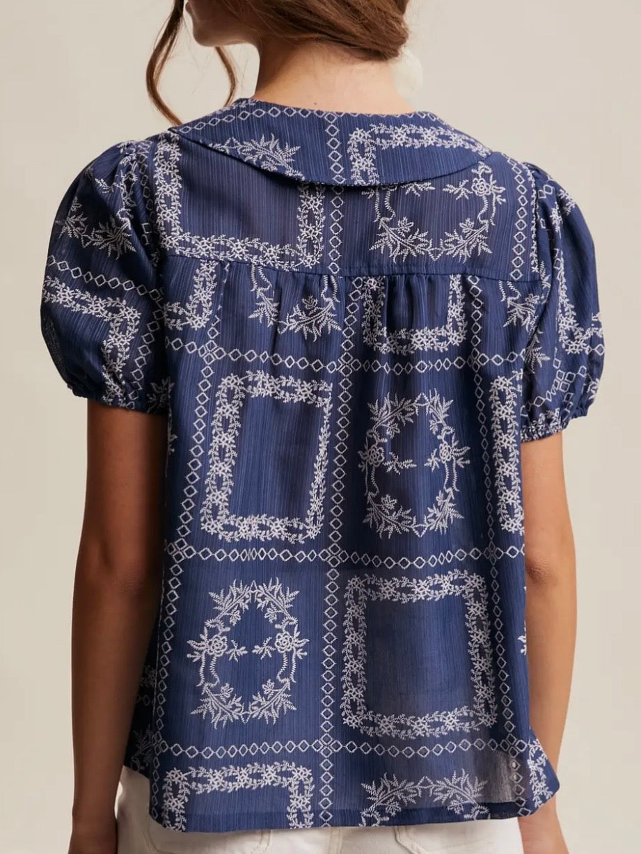 Blue and white striped embroidered floral bomber short sleeves shirt