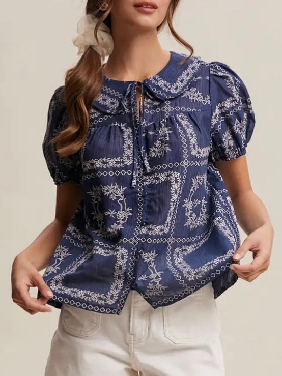 Blue and white striped embroidered floral bomber short sleeves shirt