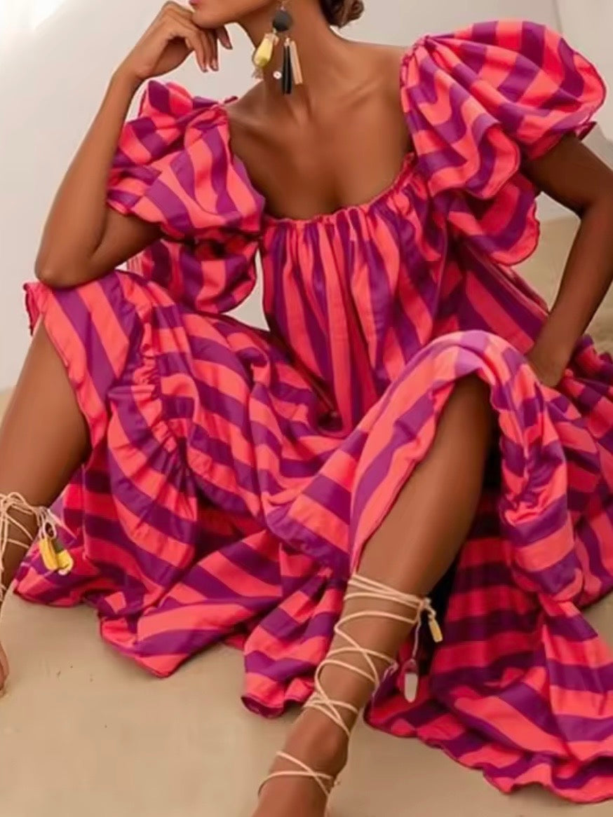 Fuchsia and purple striped strapless maxi dress