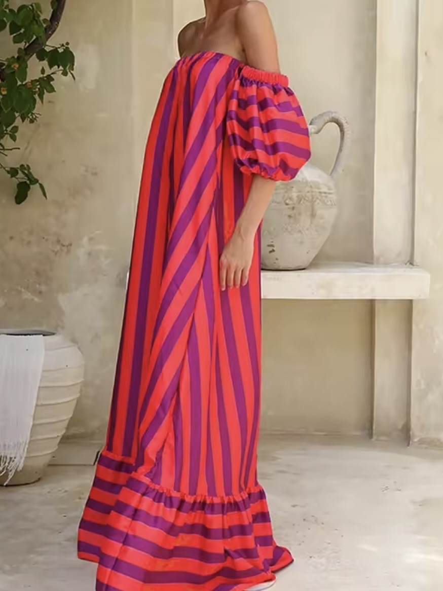 Fuchsia and purple striped strapless maxi dress