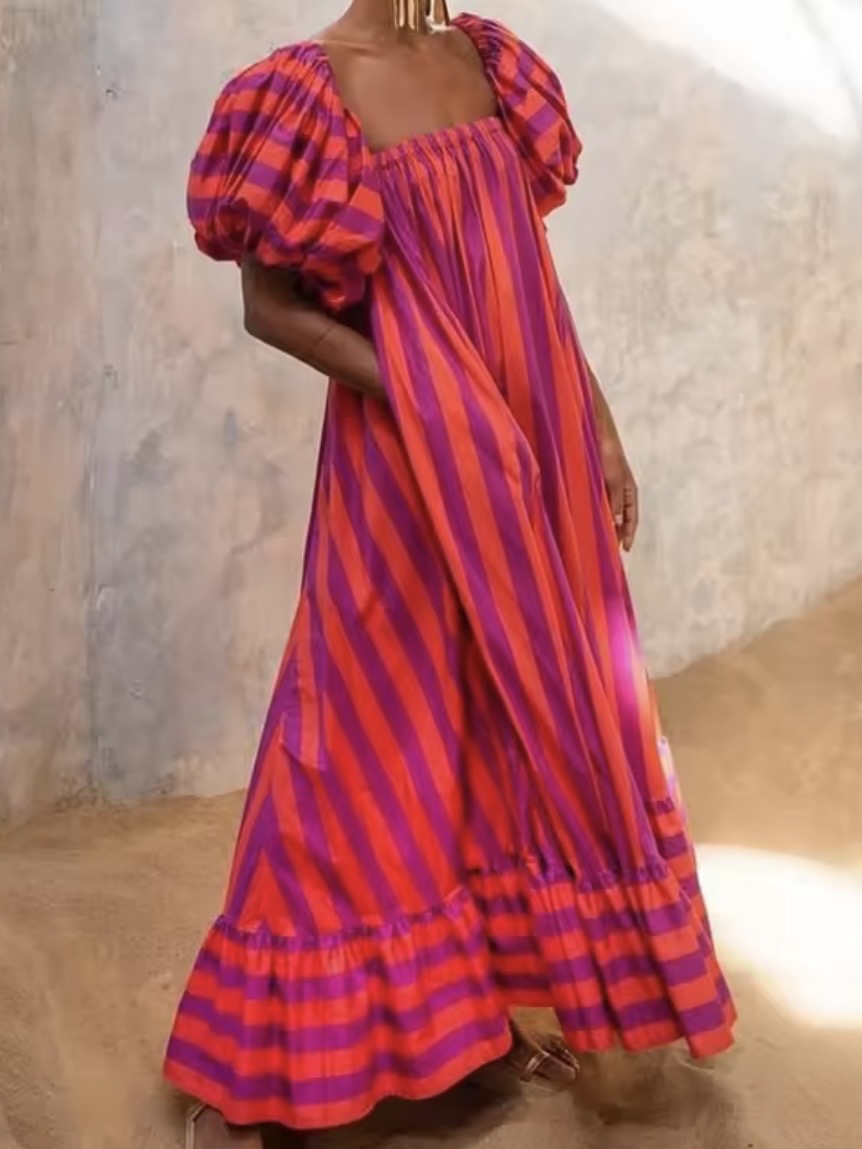 Fuchsia and purple striped strapless maxi dress