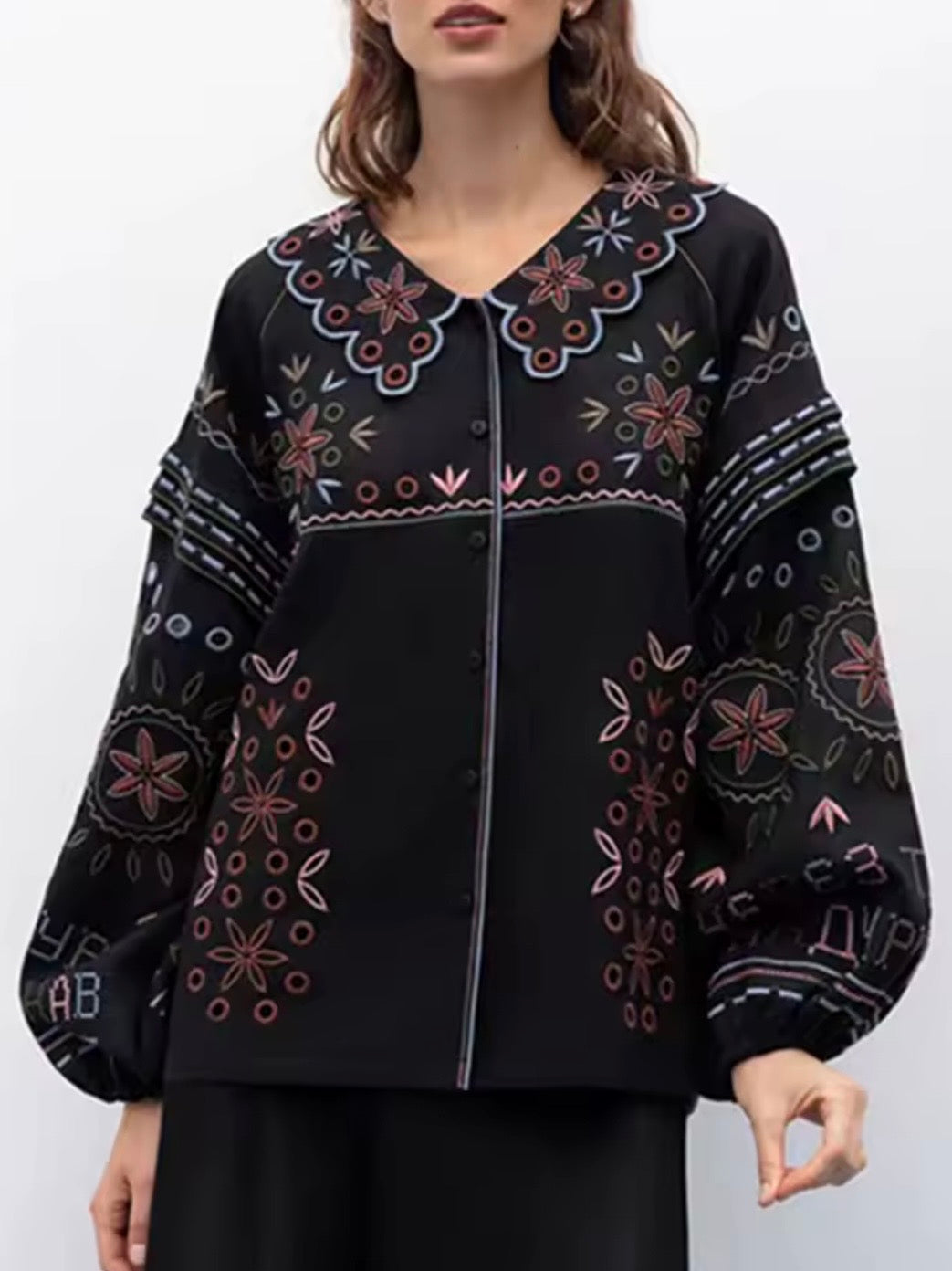 Black embroidered floral lanterns tolong sleeves shirt
