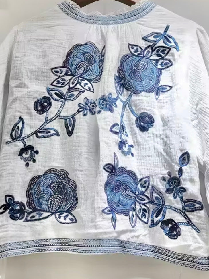 White and blue floral bomber short sleeves shirt