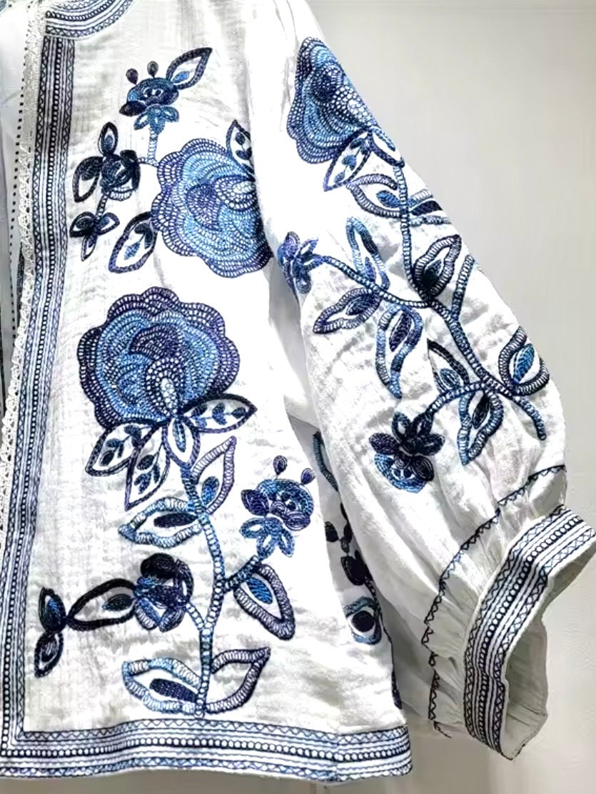 White and blue floral bomber short sleeves shirt