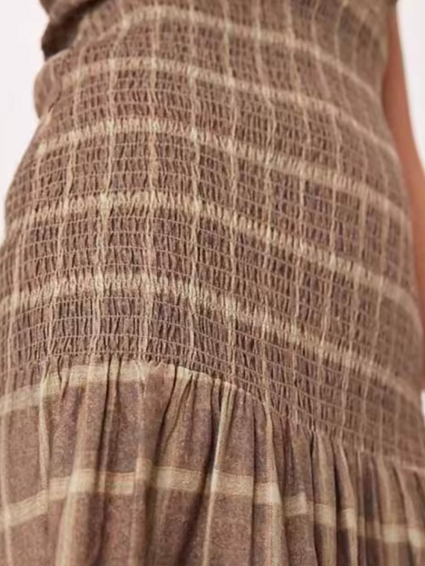 Brown and beige checkered maxi dress