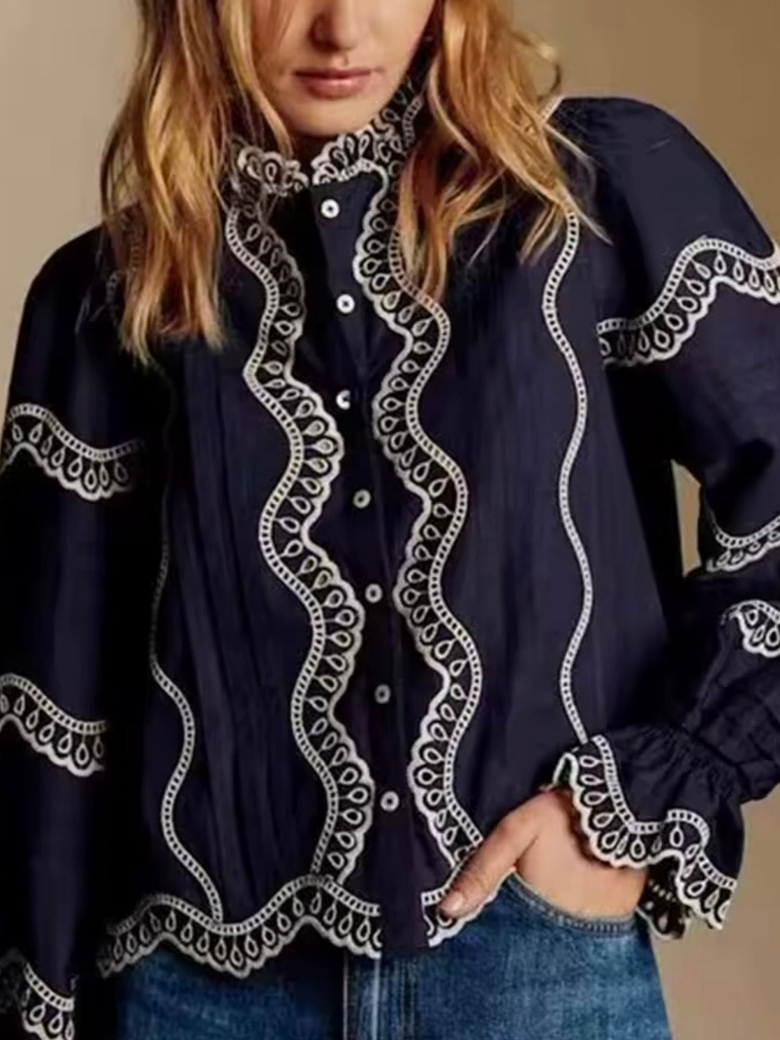Navy blue and white wavy embroidered lanterns long sleeves shirt