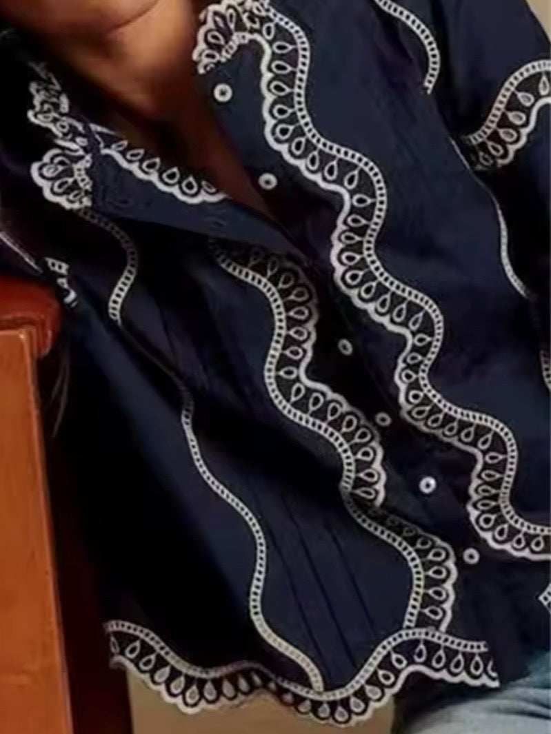 Navy blue and white wavy embroidered lanterns long sleeves shirt