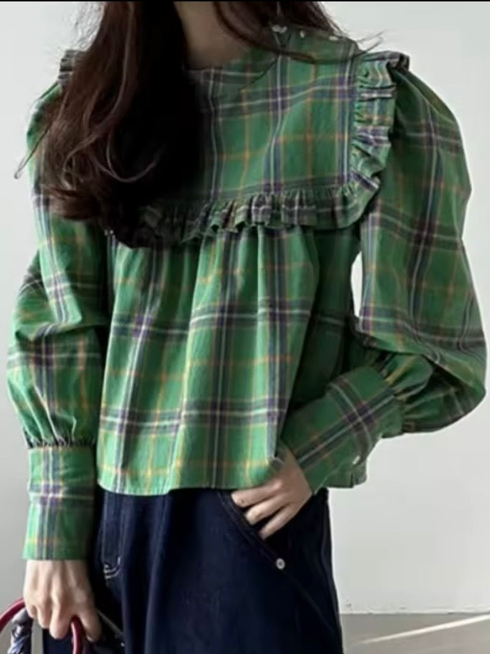 Green plaid big neck lanterns long sleeves shirt