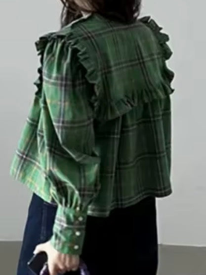 Green plaid big neck lanterns long sleeves shirt