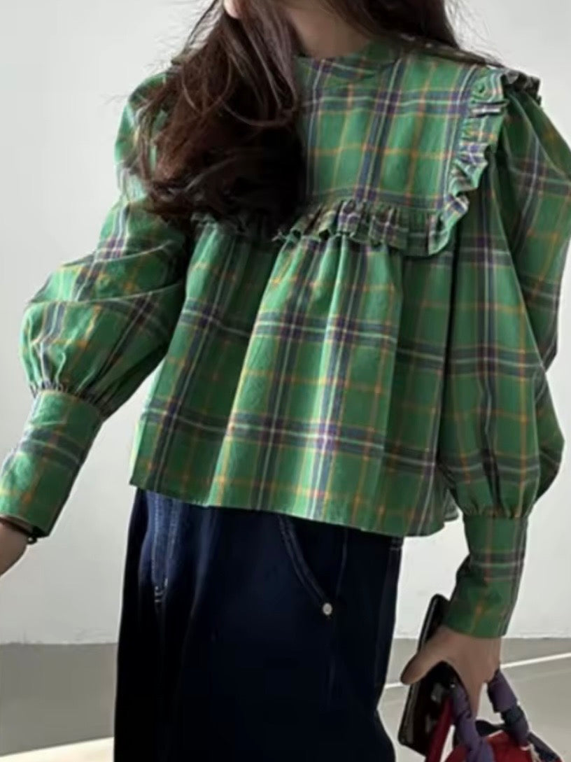 Green plaid big neck lanterns long sleeves shirt