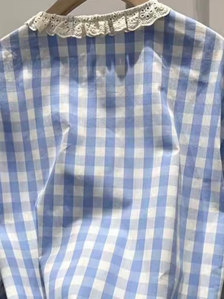 Light blue and white checkered lace round neck lanterns long sleeves shirt