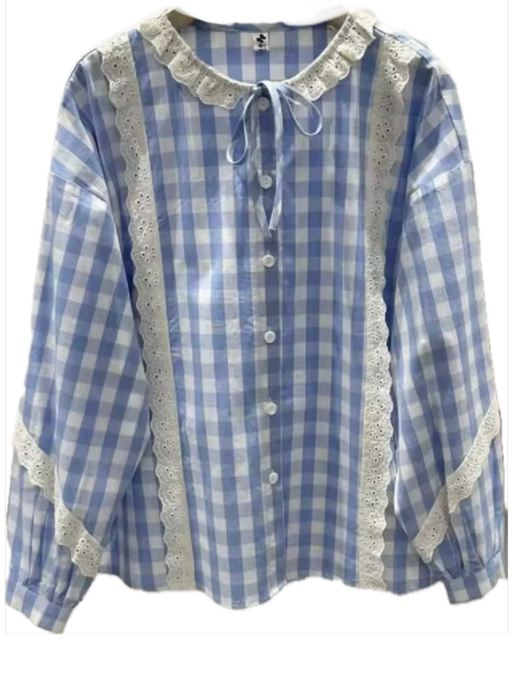 Light blue and white checkered lace round neck lanterns long sleeves shirt