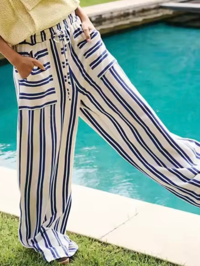 Color striped fabric loose fit straight pants