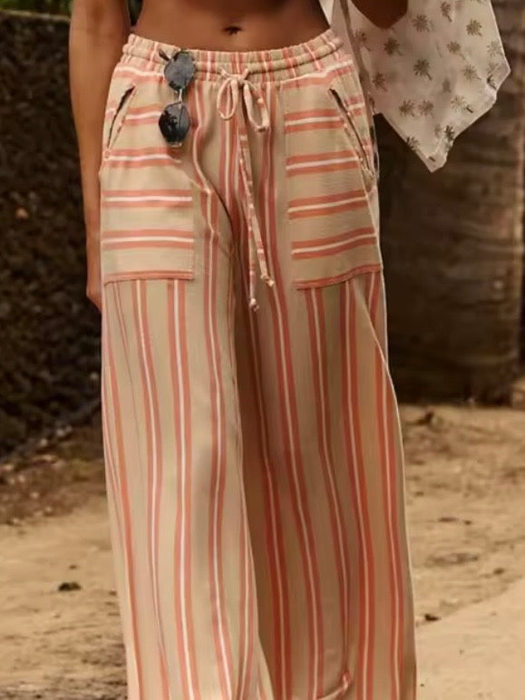 Color striped fabric loose fit straight pants