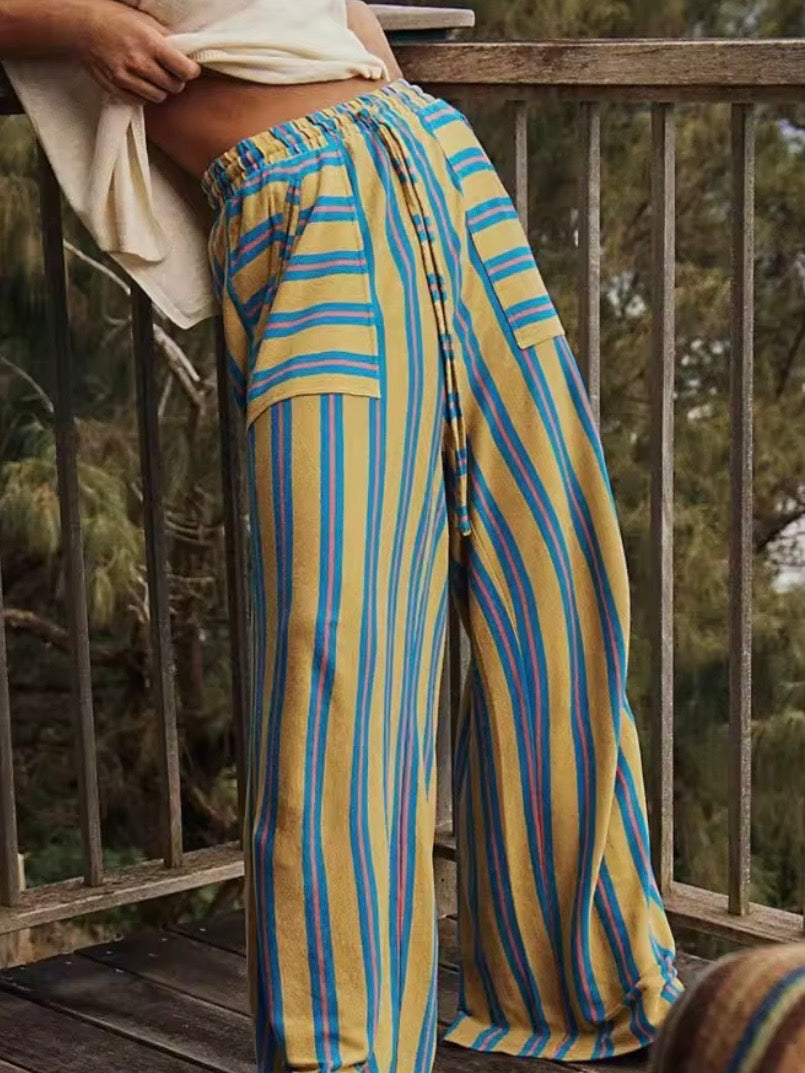 Color striped fabric loose fit straight pants