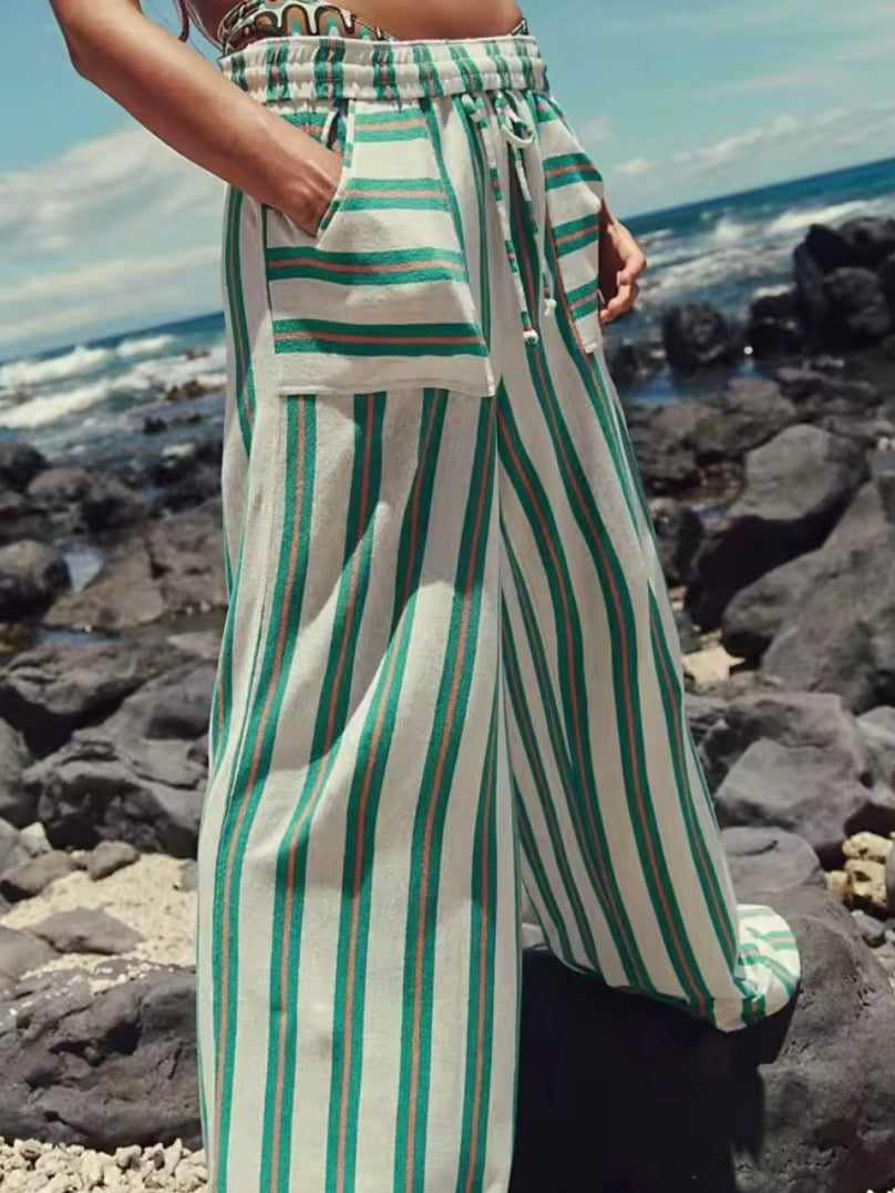 Color striped fabric loose fit straight pants