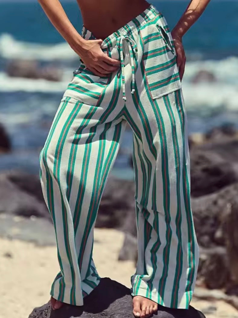 Color striped fabric loose fit straight pants