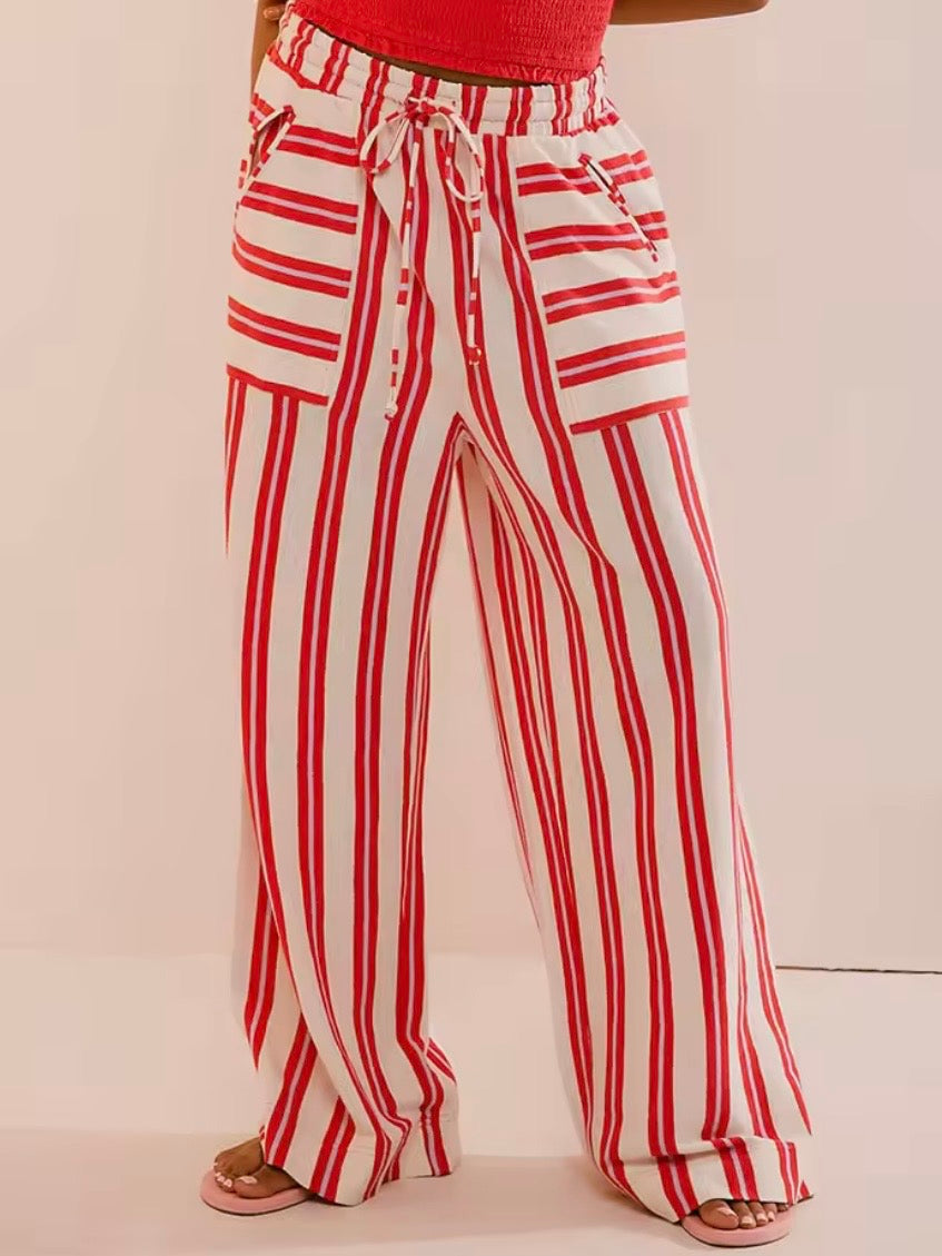 Color striped fabric loose fit straight pants