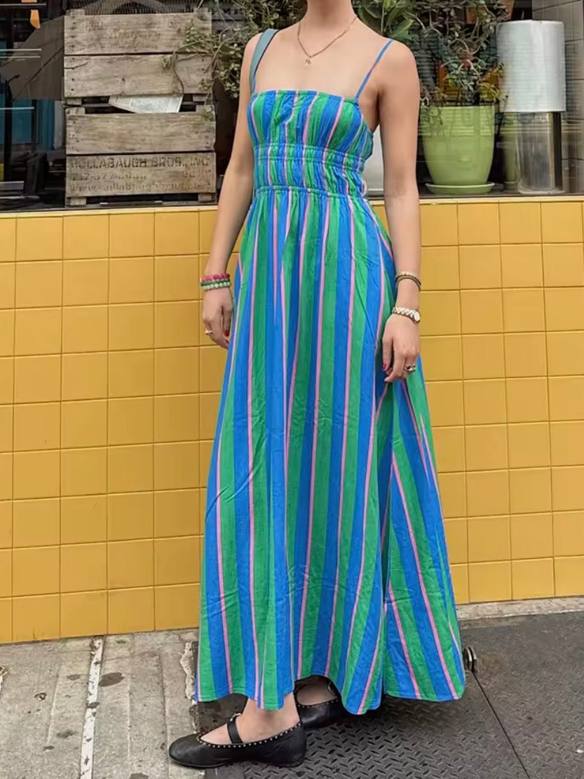 Green and blue striped square neck straps maxi dress