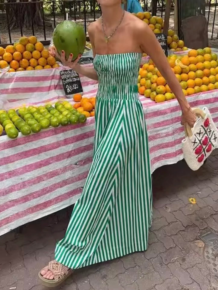 Green striped square neck strapless maxi dress