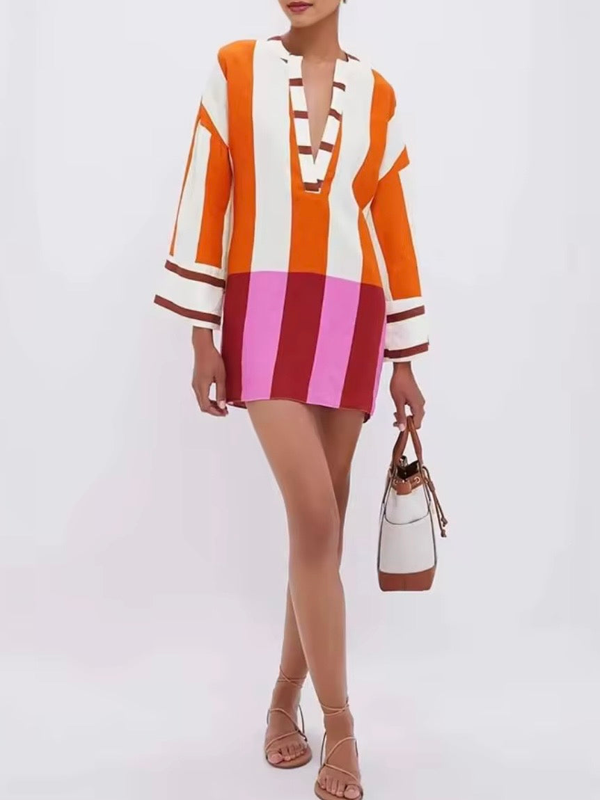 Orange and white striped long sleeves mini dress