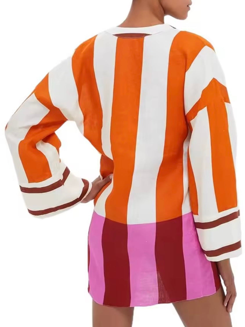 Orange and white striped long sleeves mini dress
