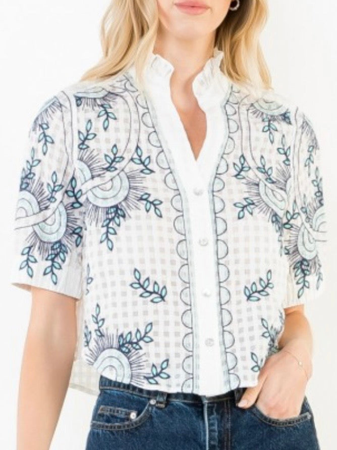 White and blue textured fabric shirt