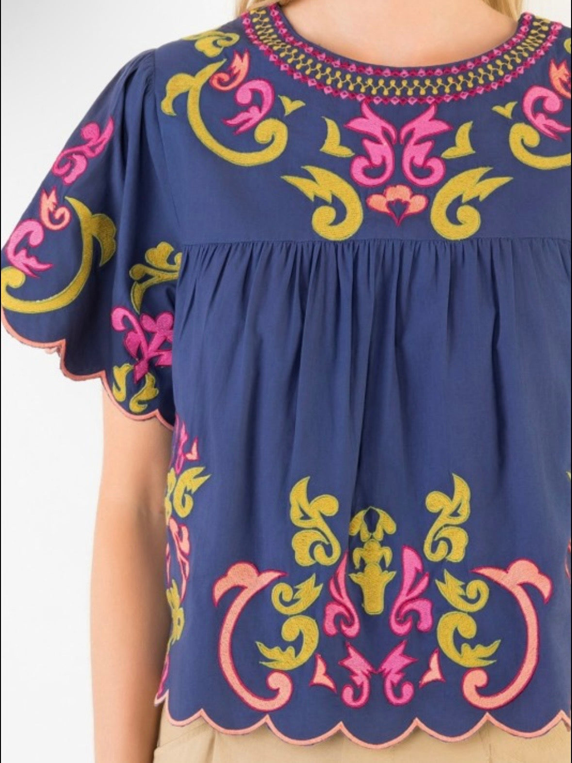 Navy blue floral colored embroidered short sleeves blouse top